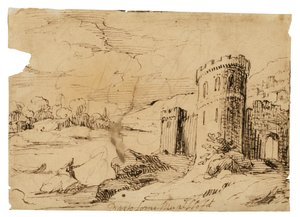 A river landscape with a fisherman near a castle