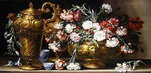 Still Life with Pinks in a Case and a Florentine Ewer on a Ledge by Bartolomeo Bimbi