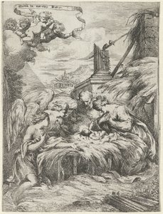 Adoration by Mary, Joseph, and Angels by Bartolomeo Biscaino