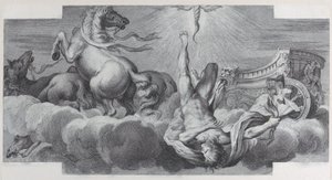 Plate 34: Auriga, the charioteer, falls from the chariot at center, with three horses at l..., 1756