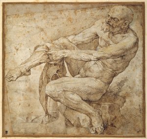 Naked man pulling on his hose (after Marcantonio Raimondi and Michelangelo Buonarroti)