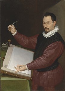 Portrait of a scribe in a red doublet and white ruff
