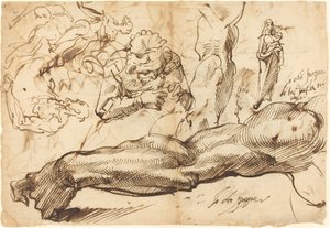 Studies of a Left Arm, a Young Woman, a Madonna and Child, a Face in Profile, and Nude Figures by Bartolomeo Passarotti
