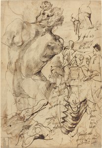 Studies of a Sculpture of a Male Nude, Vertebrae, and Gesturing Figures by Bartolomeo Passarotti