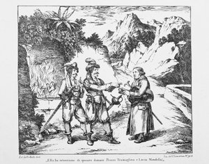 Don Abbondio encounters two Bravi, lithograph for The Betrothed by Alessandro Manzoni by Bartolomeo Pinelli