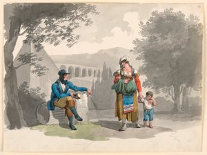 A Woman Holding a Boy with Her Hand Passing a Gentleman Seated Among Ruins in the Campagna, 1807 by Bartolomeo Pinelli