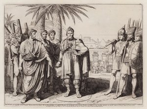 Gaius Popillius Laenas drawing a circle in the sand around Antiochus IV Epiphanes by Bartolomeo Pinelli