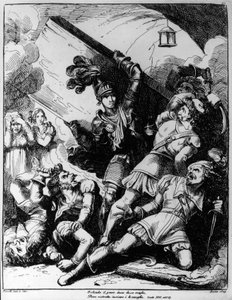 Orlando throwing wooden board against twenty armed men, illustration for XIII canto of Orlando Furioso by Ludovico Ariosto
