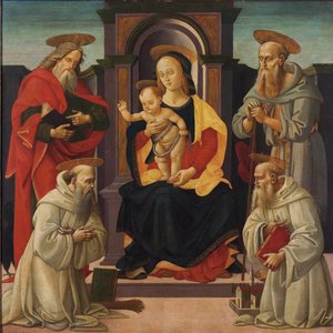 The Madonna and Child Enthroned with Saints John the Evangelist and Jerome, and Two Benedictine Saints