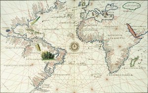 A Double-Page Map of the Atlantic Ocean, Showing the East Coast of North and South America by Battista Agnese