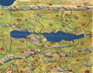 Holy Land, Israel and Palestine: Sea of Galilee and City of Tiberias, from Atlas of the World in Thirty-Three Maps, by Battista Agnese by Battista Agnese