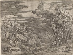 Landscape with a Man Leading a Horse by Battista Franco after Titian