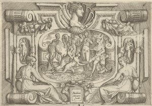 A man and woman offering a platter of coins to a king seated on a throne, ca. 1540-80