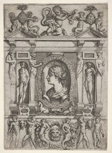 Bust of a Woman in Profile Facing Left, Set in an Elaborate Frame with Figures, ca. 1540-80