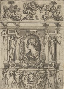Bust of a Woman in Profile Facing Left, Set in an Elaborate Frame with Figures