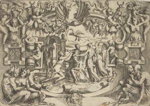 Four Women Surrounding a Seated Figure, a Bird Above Them
