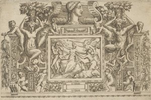 Woman seated with arms outstretched, personification of Fame with trumpet at right...