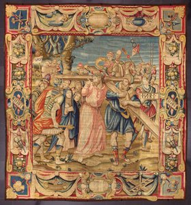 Christ and Simon of Cyrene (the Cyrenean). (Fifth stop of the Way of the Cross (carrying the cross). A piece of the cross bears the inscription I.N.R.I. (INRI). Tapestry made in the manufactures of Brussels. 16th century Genes, Musei di Strada Nuova by Belgian School