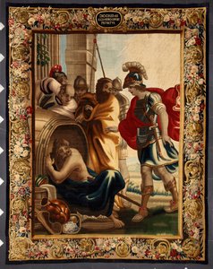 Diogene and Alexander: encounter between the Greek philosopher Diogene de Sinope (413-327 BC) in his barrel and King Alexander the Great (356-323 BC) in Corinth. When the conqueror asked him what he wanted, Diogene answered: Take a little off my sun. Tap by Belgian School