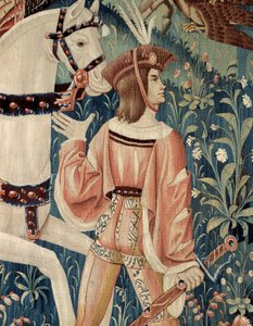 Middle Ages: the beginning for hunting falcon, on horseback. Detail of a silk and wool tapestry from the beginning of the 16th century. From Hainaut. Paris, National Museum of the Middle Ages, Thermes de Cluny by Belgian School