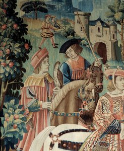 Middle Ages: the beginning for hunting falcon, on horseback. (detail)