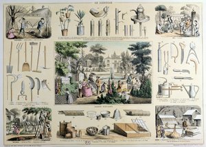 Educational depiction of gardening, with illustrations of garden tools and scenes showing the appropriate activities for each season by Belin and Bethmont