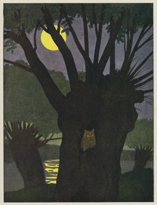 Owl in a Hole in a Tree on a Moonlit Night by Benjamin Rabier