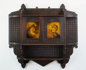Hanging Wall Cabinet with Ceramic plaques, carving attributed to Mary Madeline Nourse, plaques to Artus van Briggle (1869-1904) 1887-99 by Benn attr.to Pitman