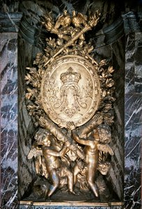 Sculpture on the landing of the Escalier de la Reine celebrating symbolically the marriage of Louis XIV and Marie-Therese of Austria by Benoit or Massou Masson