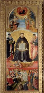 The triumph of St. Thomas Aquinas surrounded by Plato and Aristotle, with William of Saint-Amour at his feet and Christ blessing the evangelists above