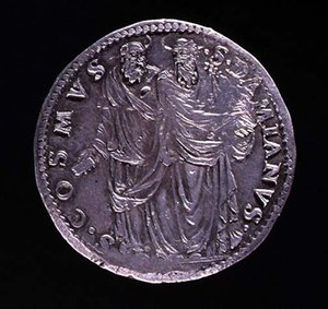 Reverse of Silver Coin Depicting SS Cosimo and Damien Standing and Gazing at One Another