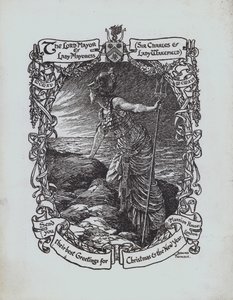 Britannia looking out to sea, First World War Christmas greetings card from the Lord Mayor and Lady Mayoress of London, Sir Charles and Lady Wakefield by Bernard (after) Partridge