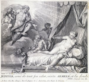 Jupiter (Zeus) burns Semele with his lightning. Engraving of the 18th century after the drawing of B. Picart made in 1708. by Bernard (after) Picart