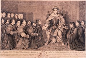 King Henry VIII surrounded by kneeling figures