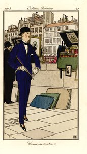 Man in suit, bowler hat and cane walking past bouquinistes on the Seine. Tenue du matin. Handcoloured pochoir etching after an illustration by Bernard Boutet de Monvel from Tommaso Antongini’s Journal des Dames et des Modes, Aux Bureaux du Journal