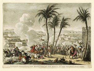 Napoleon Defeating the Mamelukes at the Battle of the Pyramids, Near Cairo, engraved by George Cruikshank, pub. 1823 by Bernard Edouard Swebach