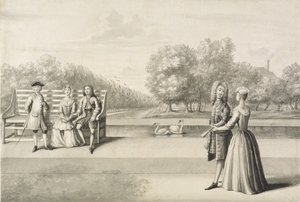 Figures on the bank of the Long Water, Hampton Court Palace by Bernard Lens