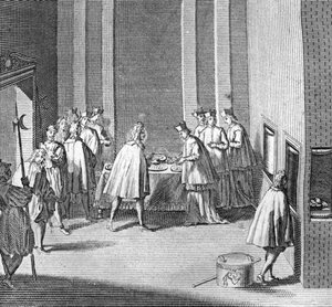 Different stages of the conclave, meeting of cardinals for the election of a new pope: election of the new pope during the conclave in the Sistine chapel, Vatican: food is checked during the conclave) Engraving from Illustration of religious ceremonies