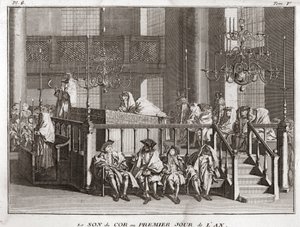 Judaism: the sound of the horn on the first day of the year (sound of the shofar on Rosh Hashana) Engraving from Illustration of religious ceremonies and customs of all peoples by Bernard Picart