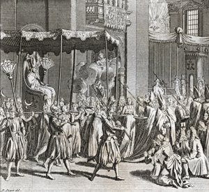 Solemn Inauguration of the Pontificate: the burning of a cloth Engraving from Illustration de ceremonies et customs religieuses de tous les peuples du monde by Bernard Picart (1723-1743) 1819 Private collection by Bernard Picart