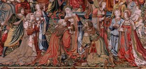 Flemish Tapestry. Series The Honours. Justice. Ninth Tapestry in the Series. Model Cartoonists from the Circle of Bernard van Orley and Jan Gossaert. Manufacture Pieter van Aelst, Brussels. Ca 1550. Fabric Gold, Silver, Silk and Wool.