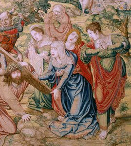 Flemish Tapestry. Series The Passion of Christ. Fall on the Way to Calvary. Second Tapestry in the Series. Models Cartoonist Bernard van Orley. Manufacture Pieter de Pannemaker, Brussels. Ca 1518-1523. Fabric Gold, Silver.