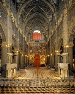 View of nave and counterfacade with frescoes depicting Crucifixion and Deposition