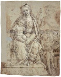 Madonna and Child, a Warrior Saint (Michael?), and a Group of Worshippers by Bernardino Lanino