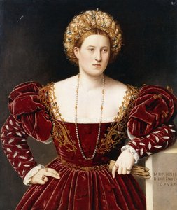 Portrait of a Lady, Three-Quarter-Length, in a Burgundy Dress with Slashed Sleeves, Holding Gloves by Bernardino Licinio