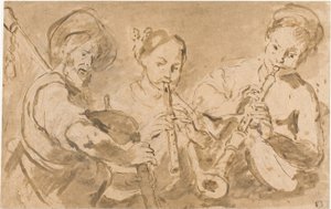 Three Musicians Playing Horns and Pipe by Bernardo Strozzi