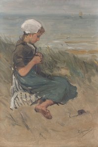 Girl Knitting in the Dunes by Bernardus Johannes Blommers
