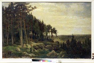 A woodcutter and a hunter in a forest landscape