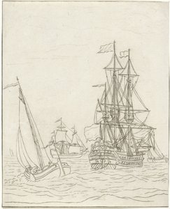 Warship and Three Sailing Ships on the Open Sea by Bernhard Schreuder