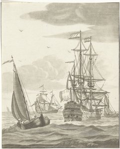 Warship and Three Sailing Ships on the Open Sea by Bernhard Schreuder